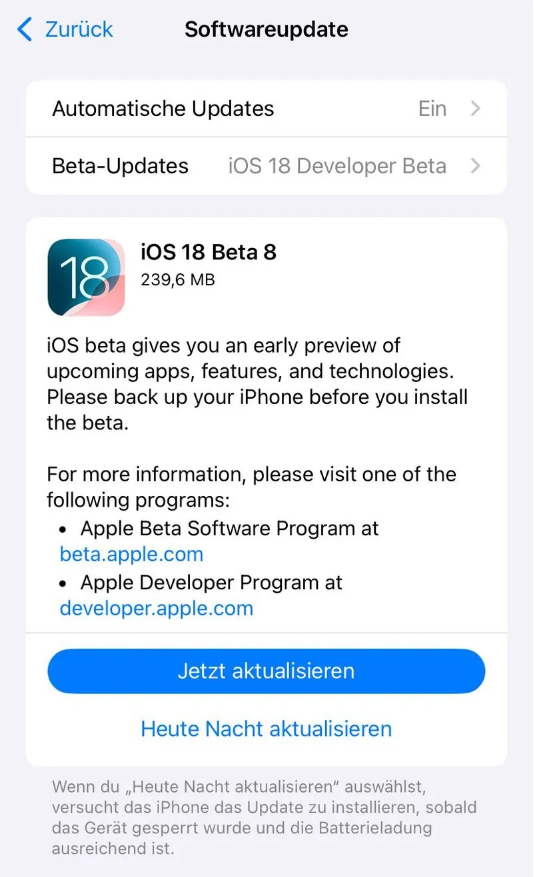 东河镇苹果手机维修分享苹果 iOS / iPadOS 18 开发者预览版 Beta 8 发布 